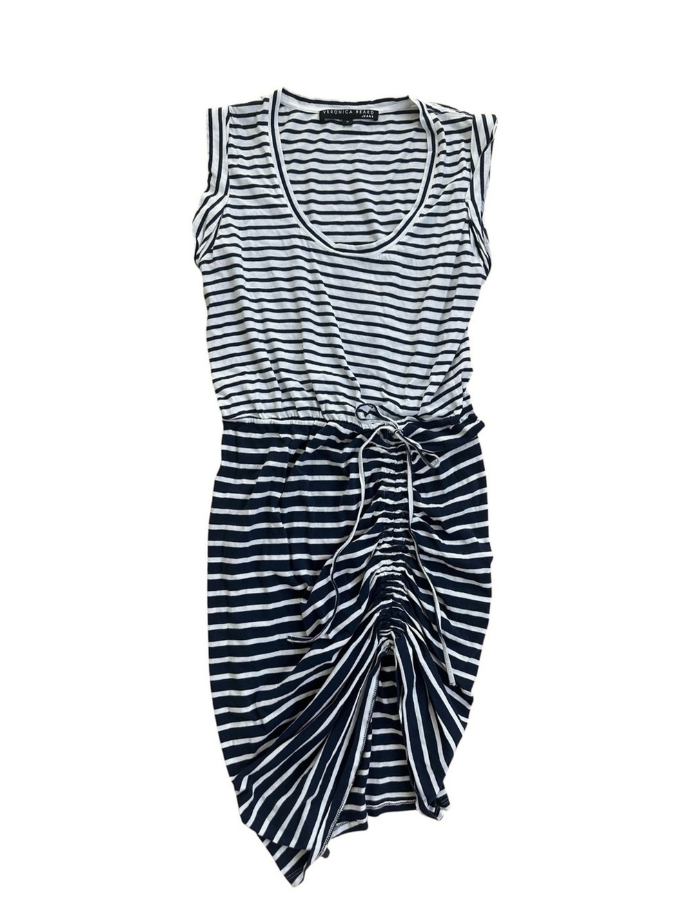 Veronica Beard Tamri Navy Blue and White Striped Cotton Ruched Mini Skirt